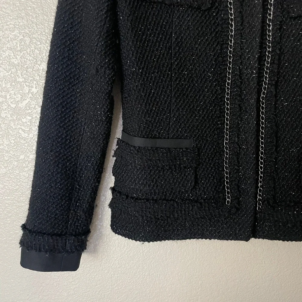 Maje Blazer Womens 36 Small Black Wool Tweed Knit Chain Trim Jacket Quiet Luxury